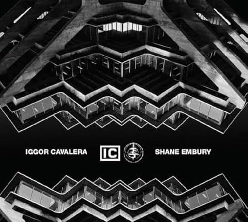 Black and white album cover with brutalist architecture and text.