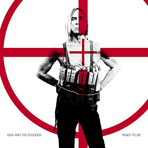 Iggy Pop in black and white, framed by a red crosshair design.