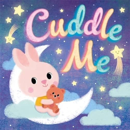 Bunny on a crescent moon hugs a teddy bear, stars sparkle.
