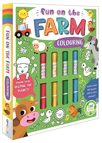 Farm colouring book with felt tip pens, featuring animals and a tractor.