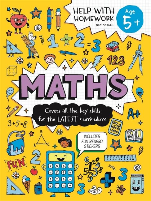 Bright yellow homework book cover with maths symbols and age 5+ label.
