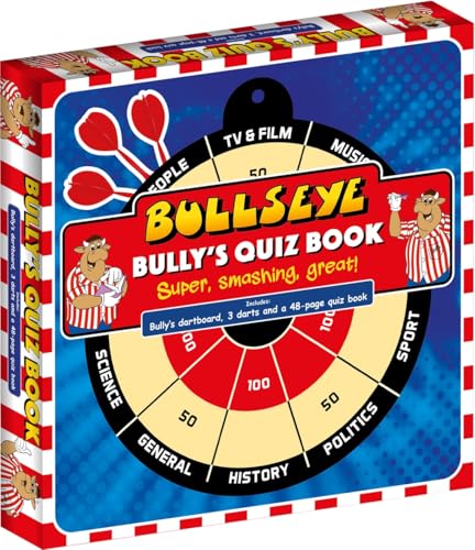 Quiz book with a dartboard design and cartoon bull character.