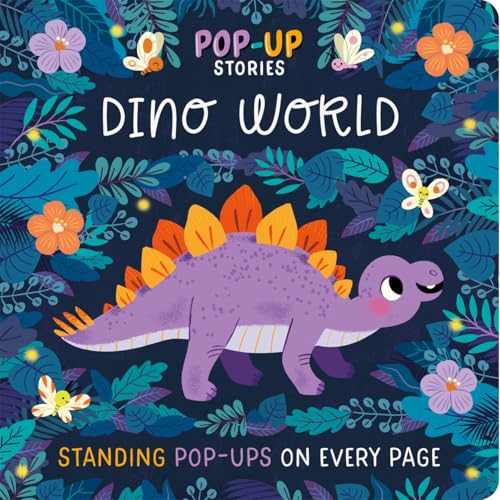Purple dinosaur with pop-up flowers and butterflies on a dark blue background.