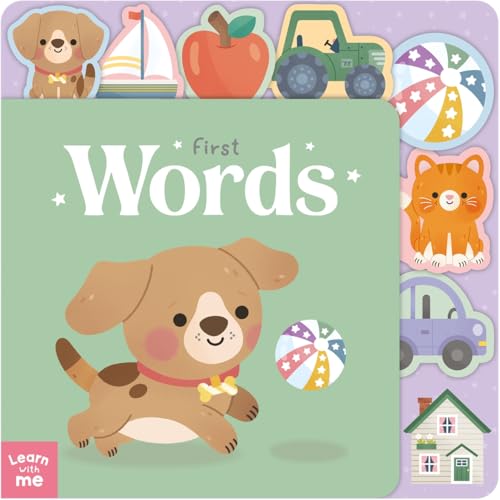 Board book cover with illustrated puppy and colorful first-word objects.