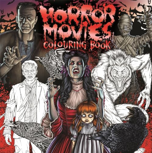 CoverSScreaming horror movie monsters and characters on a red background coloring book cover.