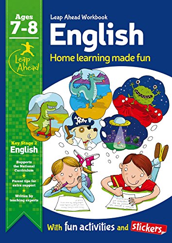 Colorful Leap Ahead English workbook for ages 7-8 with illustrated cover.