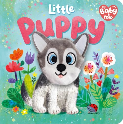 Cover of "Little Puppy" book featuring a fluffy gray puppy and flowers.