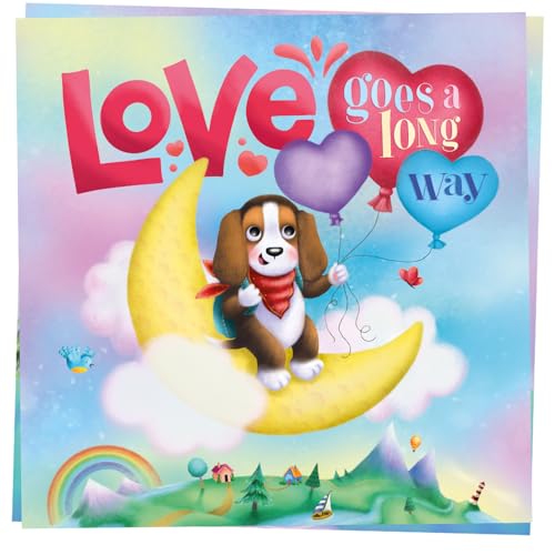 Book cover with a puppy on a crescent moon, hearts, and balloons.
