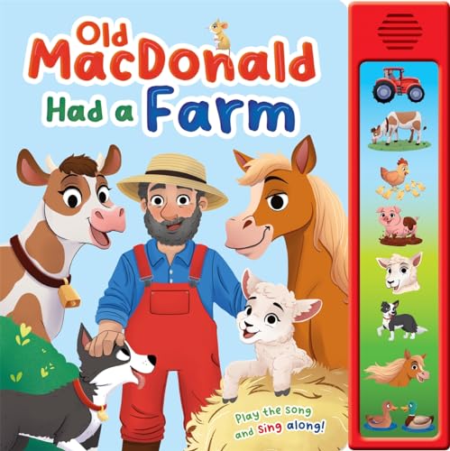 Old MacDonald Had a Farm sound book with a farmer, animals, and sound buttons.