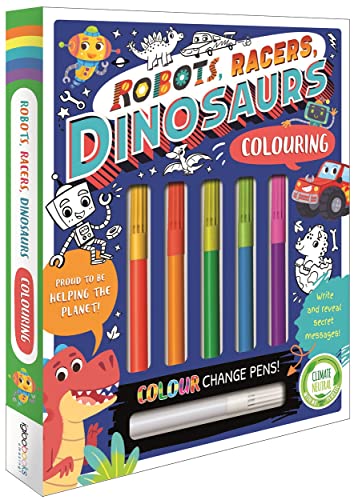 Colouring book cover with robots, dinosaurs, racers, and colour change pens.
