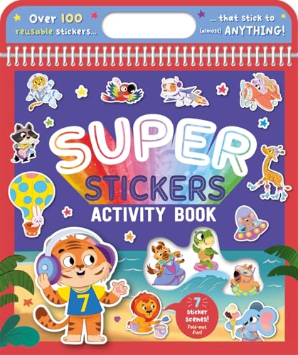Colorful sticker activity book with animals, vehicles, and rainbow lettering.