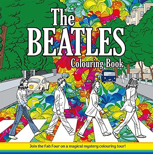 The Beatles walking across a zebra crossing against a colorful, psychedelic background illustration.