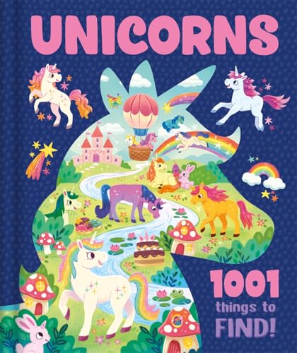 Colorful illustration of unicorns and a fantasy landscape, “1001 things to find”.