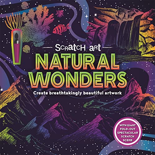 Book cover with colorful scratch art landscapes and a scratching tool.