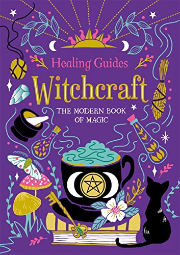 Book cover with illustrated witchcraft symbols, a black cat, and a sun.