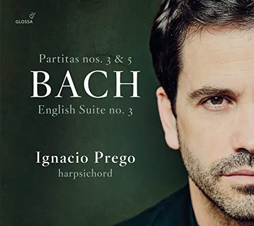 CD cover featuring portrait of Ignacio Prego, harpsichordist, and text “Bach”.