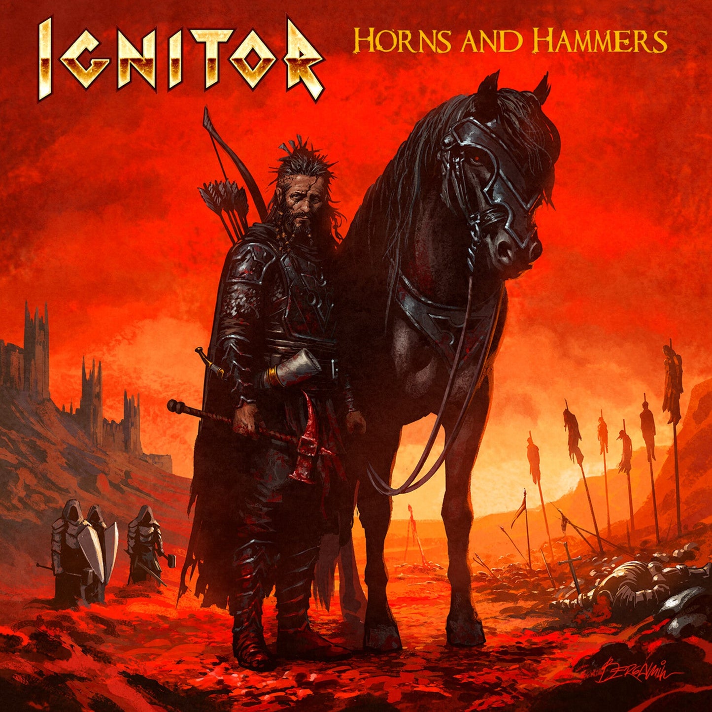 CD cover: warrior with horse against a fiery, red battlefield.
