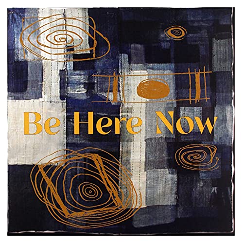 Abstract artwork with swirling gold lines on a blue and white patchwork background.