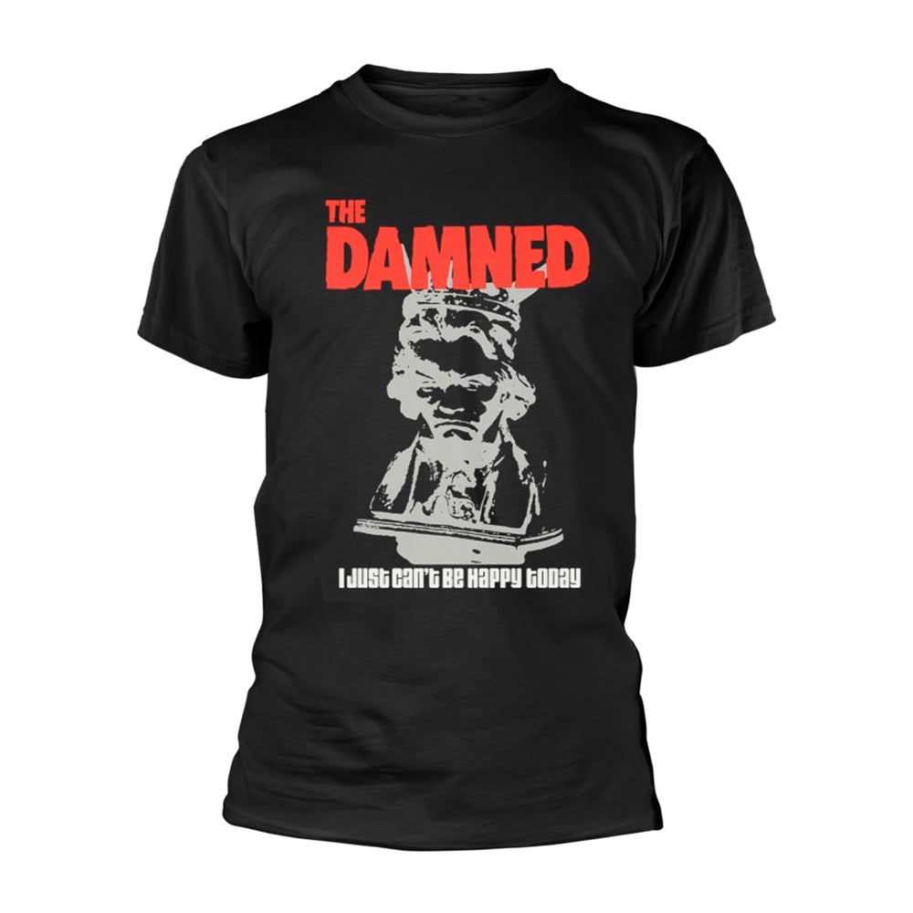 Black t-shirt with a red and white graphic of The Damned band logo.