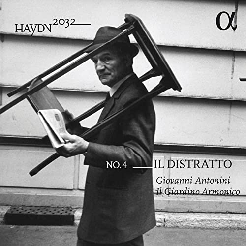 CD cover: Man with chairs, text "Il Distratto" and composer details.