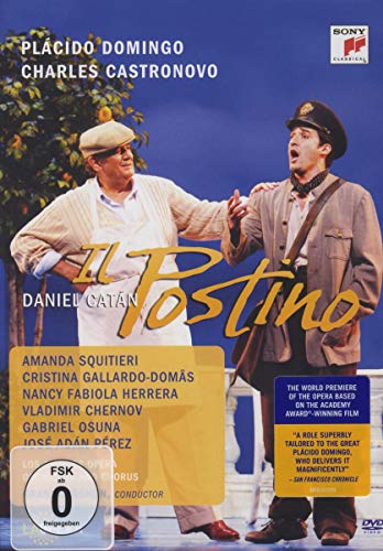 DVD cover of the opera Il Postino featuring two men in costume on stage.