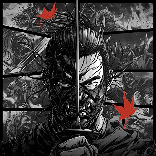 Black and white illustration of a samurai with a sword, featuring red maple leaves.
