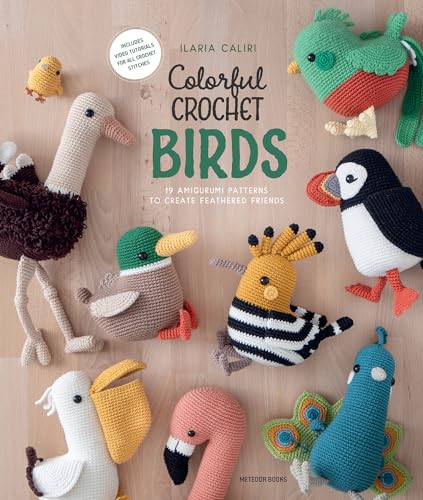Book cover featuring various colorful handmade crochet amigurumi birds on a light wooden background.