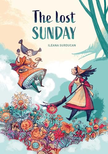 Book cover: illustrated children with fantastical elements in a floral landscape.