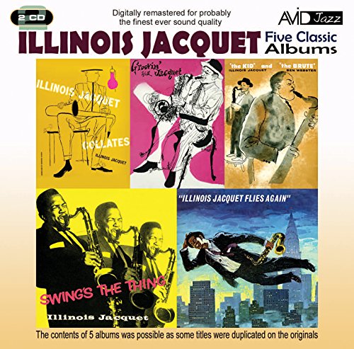 CD cover for Illinois Jacquet’s five classic jazz albums, colorful collage.