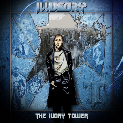 Album cover for "Illusory - The Ivory Tower" featuring a man and city.