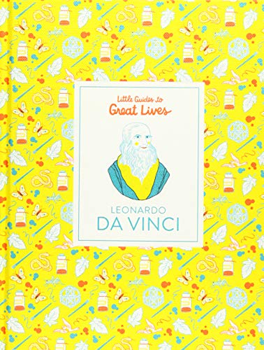 Book cover with yellow patterned background and a portrait of Leonardo da Vinci.