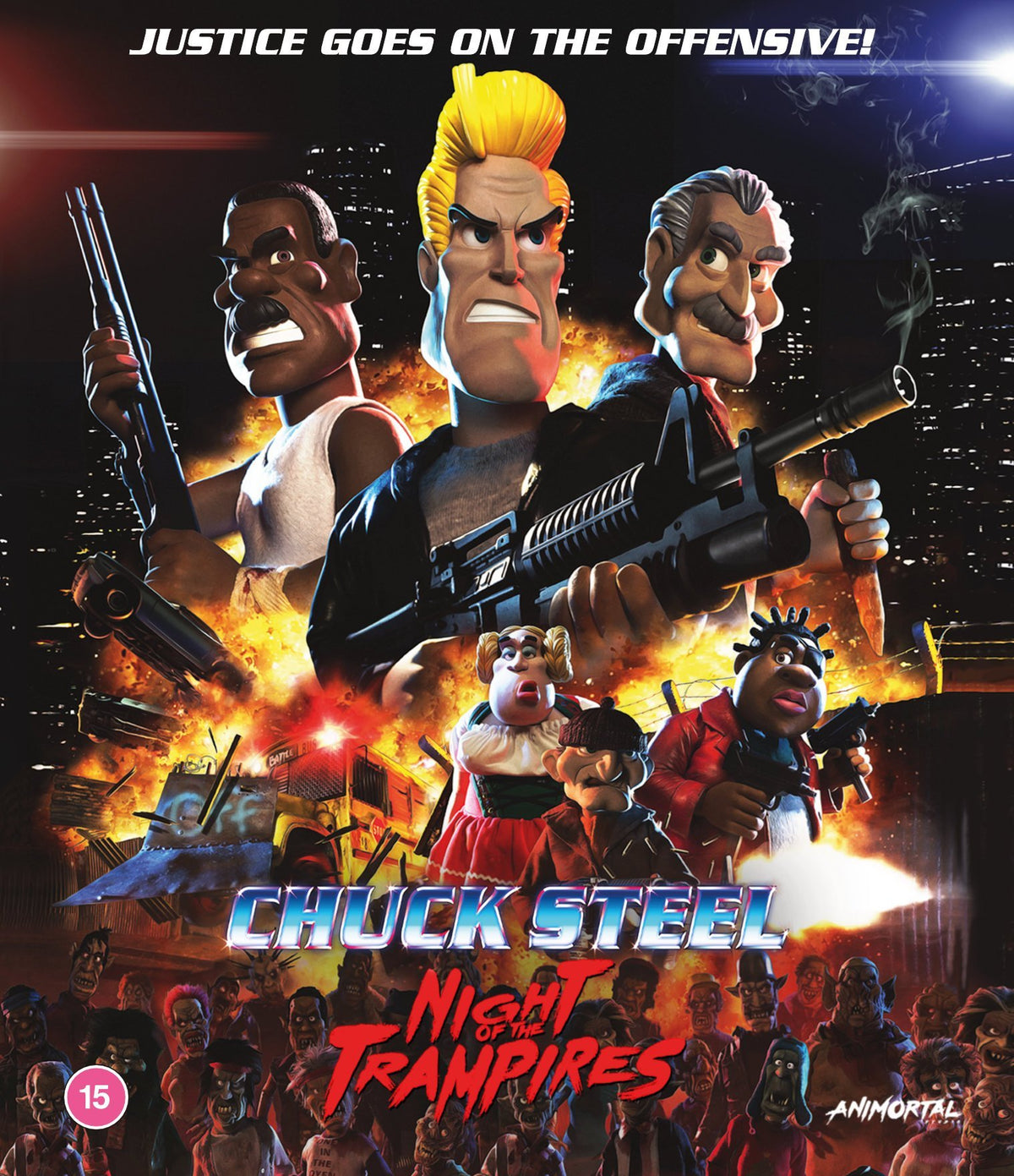Blu-ray cover for "Chuck Steel: Night Of The Trampires" featuring cartoon characters.