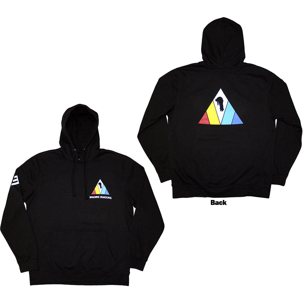 Black unisex pullover hoodie featuring a triangle graphic on the back and sleeve.