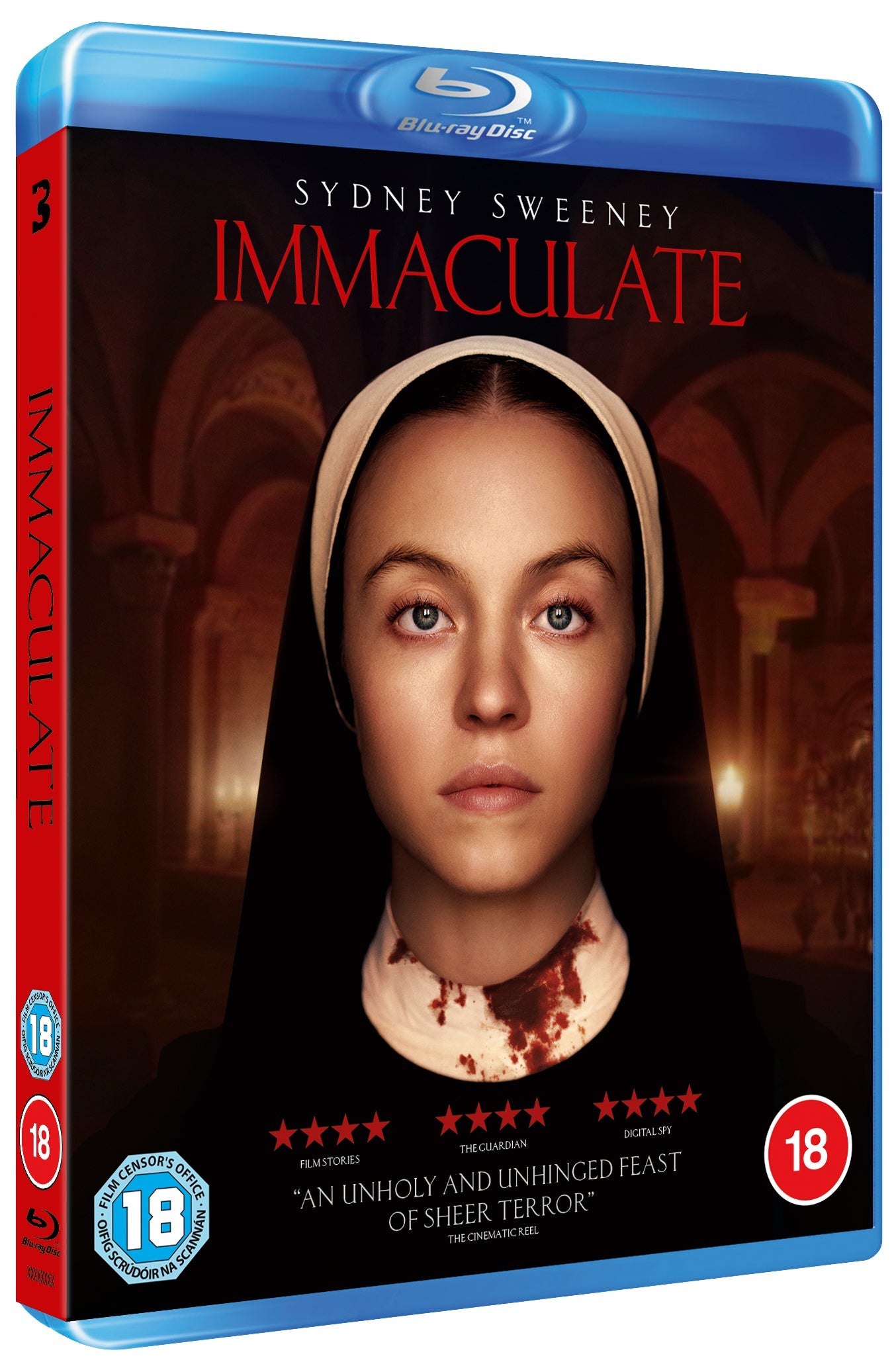 Blu-ray cover for "Immaculate" featuring a nun with blood on her face.