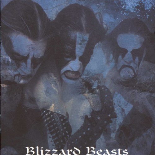Three band members with corpse paint and spiked leather armbands in a blue-tinted photo.