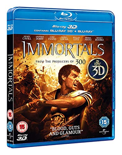 Immortals" Blu-ray case featuring Henry Cavill in battle, with 3D logo.
