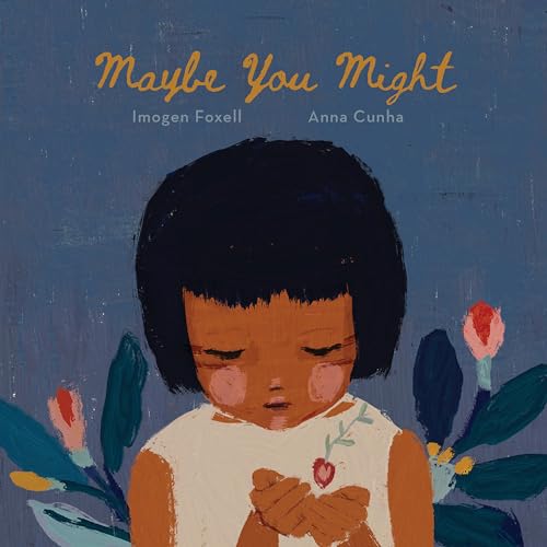 Illustration of a child with dark hair holding a stem with a heart-shaped leaf.
