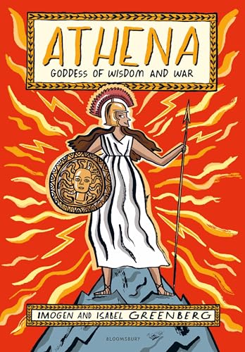 Athena in helmet and gown, holding shield and spear, on a peak.