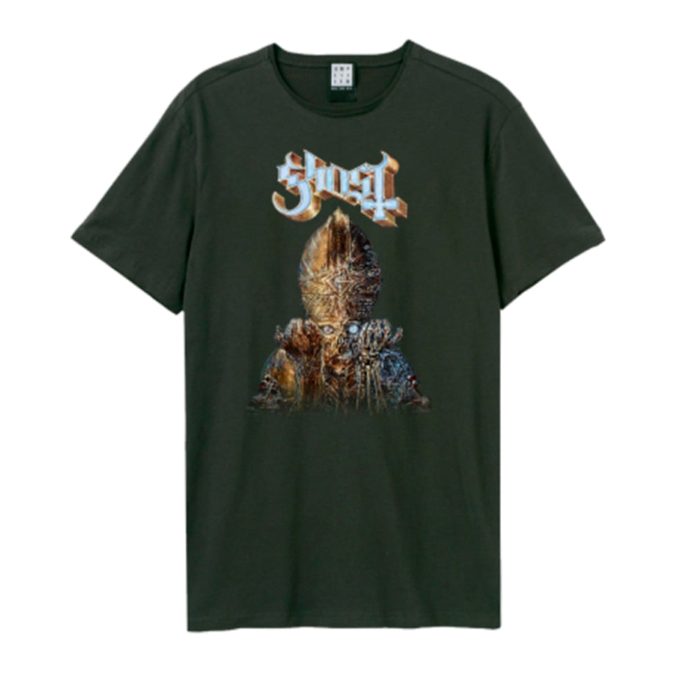 Dark green t-shirt with a metallic Ghost band logo and papal imagery.