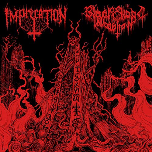 Red album cover with gothic architecture, a cloaked figure, and band names.