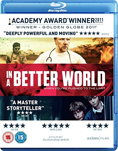 Blu-ray cover for “In A Better World” featuring two boys and a doctor.