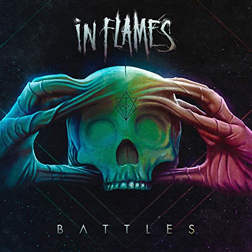 Cover art of "In Flames - Battles" CD featuring a colorful skull and hands.