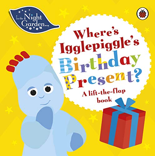 Igglepiggle and a blue gift box on a yellow background.
