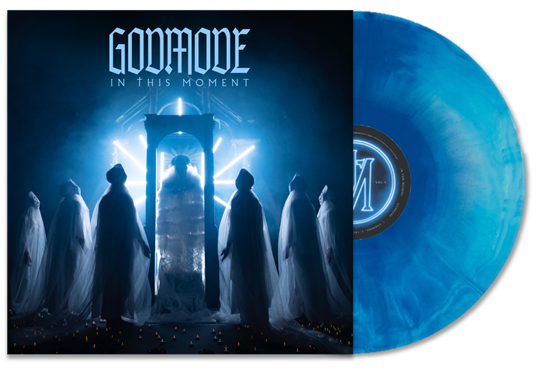 In This Moment "GODMODE" vinyl record with blue and white swirl pattern.