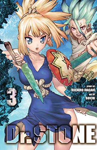 Manga cover featuring Kohaku with a blade and Senku against a blue stone background.