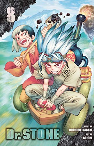 Senku and Gen ride a small, steam-powered vehicle against a mountain landscape background.