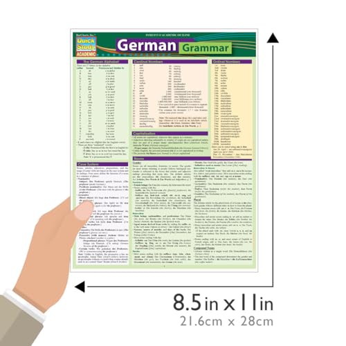 A hand holds a laminated QuickStudy German Grammar reference chart measuring 8.5 by 11 inches.