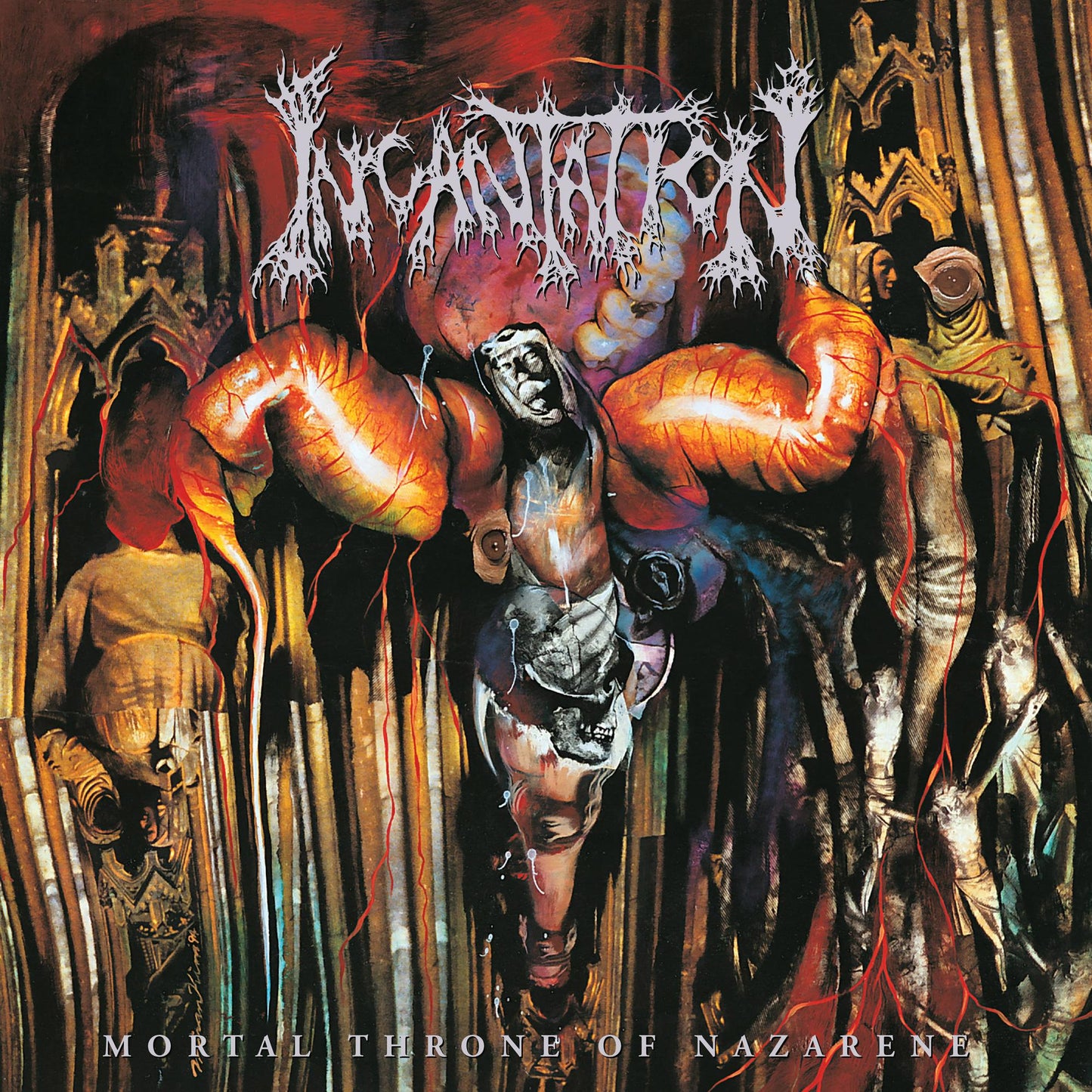 Dark, grotesque album cover for Incantation’s “Mortal Throne Of Nazarene.”