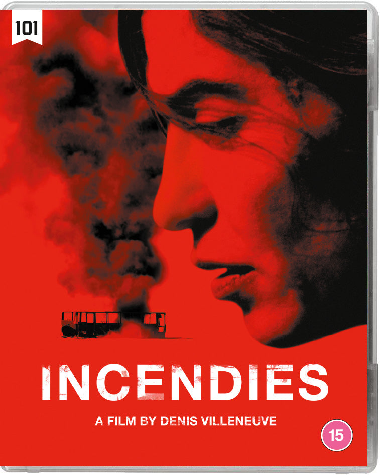 Blu-ray cover for “Incendies” featuring a woman’s face against a red, smoky background.