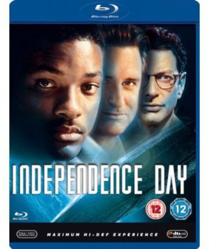 "Blu-ray case for 'Independence Day' featuring three men's faces and a blue background."